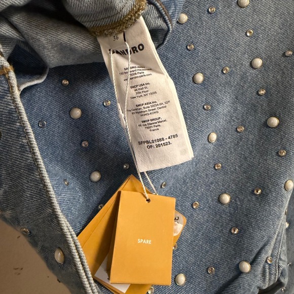 NWT Sandro Embellished Denim Jacket Pearl Crystal Studded Blue Cropped Sz 4 - Picture 11 of 14